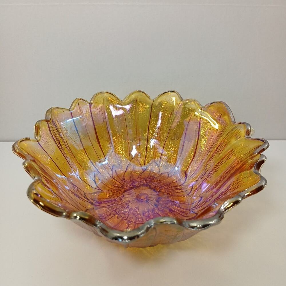 Vintage Iridescent Marigold Carnival Glass Indiana Sunflower Bowl